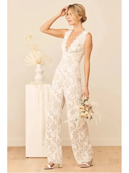 NWT Lulu’s Enamored With You White Lace Wide-Leg Jumpsuit - Picture 1 of 12
